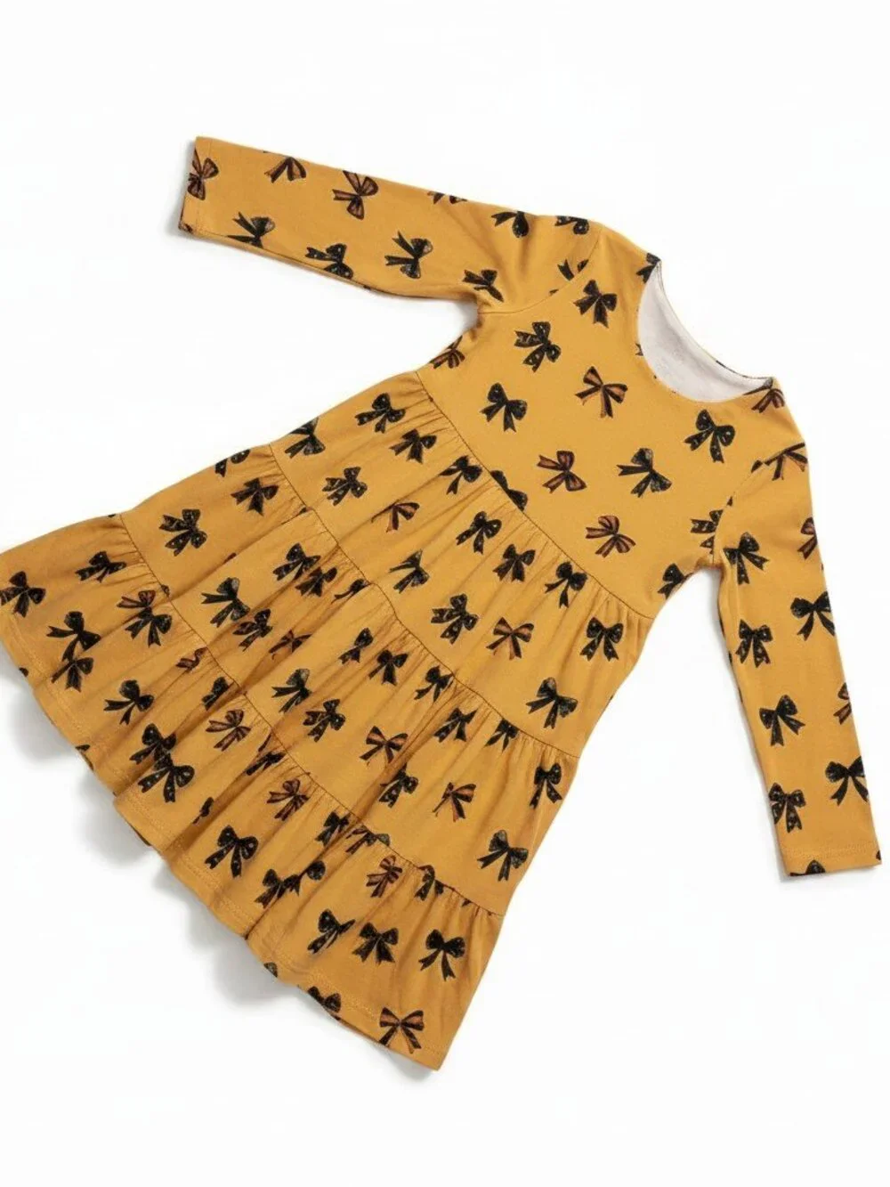 Minikin Mischief Girls 3T Yellow Bow Print Bamboo Viscose Tiered Twirl Dress NWT